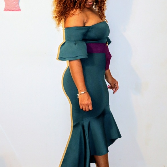 WOMEN'S DRESSES BODYCON PEPHEM HI LOW DRESS, TEAL - Picture 6 of 8